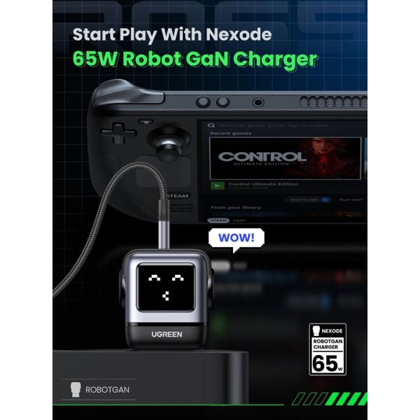 Mobile charger UGREEN CD361 (25685B) Nexode Uno RobotGaN, 65W, USB, Type-C, Black/Grey