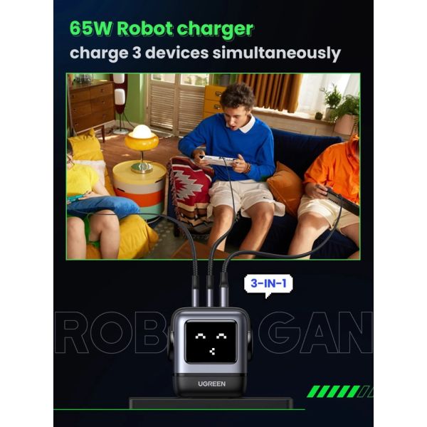 Mobile charger UGREEN CD361 (25685B) Nexode Uno RobotGaN, 65W, USB, Type-C, Black/Grey