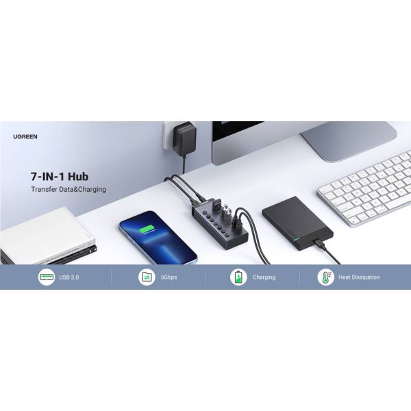 USB hub UGREEN CM481 (90307) USB 3.0 Hub With 7 Ports USB-A 12V 2A, Gray