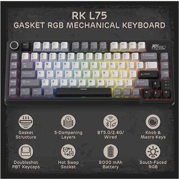 Royal Kludge RK L75 RGB Mechanical Keyboard, Cream Switch, Hot Swappable, Wireless, Type-C, Bluetooth, 2.4GHz, Knight Black