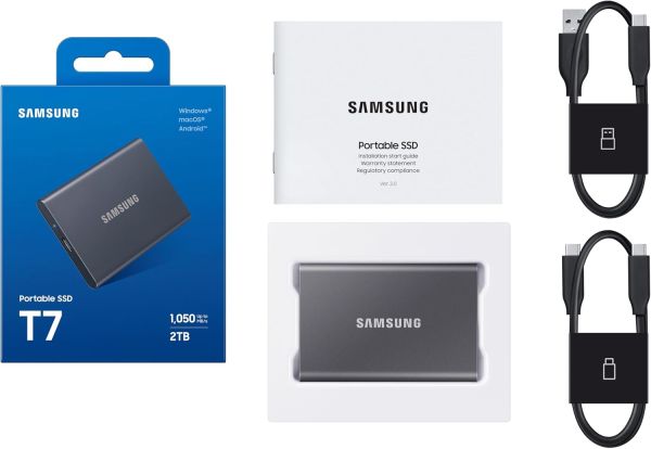 PC Components/ HDD/ External/ 2.5''/ Samsung T7 Portable SSD, 2TB External Solid State Drive USB 3.2 Gen 2 Gray