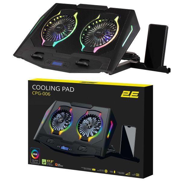 2E GAMING Laptop stand CPG-006, up to 17.3", 2xUSB-A, LCD/phone holder, RGB, black