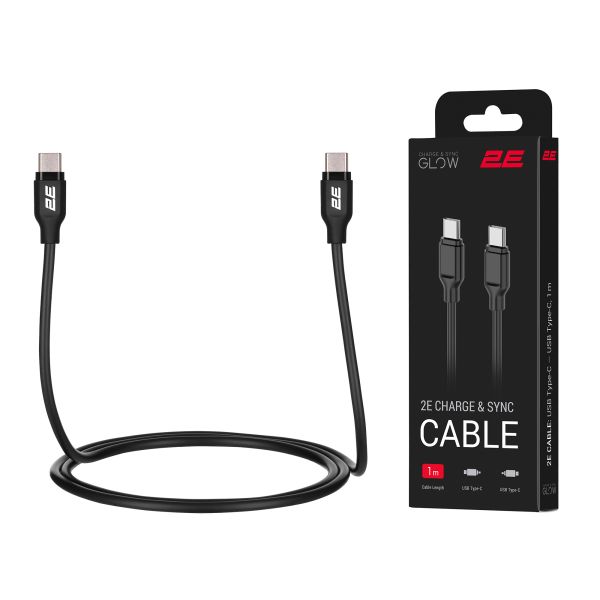 2E Сable USB-C > USB-C charge/data, 1m, 60W Type-C, Glow, black