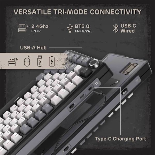 Royal Kludge RK L75-KB-XW RGB Mechanical Keyboard, Beige Switch, Hot Swappable, Wireless, Type-C, Bluetooth, 2.4GHz, Knight Black