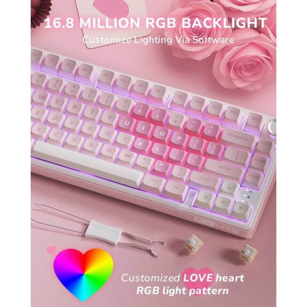 Royal Kludge RK R75-PM-XW RGB Mechanical Keyboard, Beige Switch, Hot Swappable, Wired, USB, Pink Melody