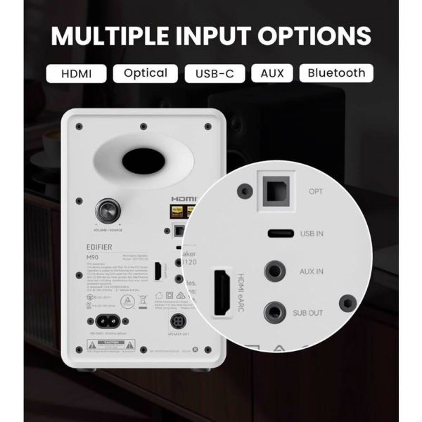 Speaker Edifier M90, 100W, HDMI eARC, Optical, Type-C, AUX, Bluetooth, Compact Active Speaker, White