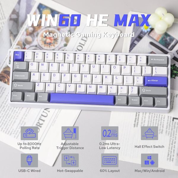 Keyboard: AULA WIN60 HE MAX Edition RGB Wired Gaming Keyboard White/Grey/Blue (Wing Chun Magnetic Switch)