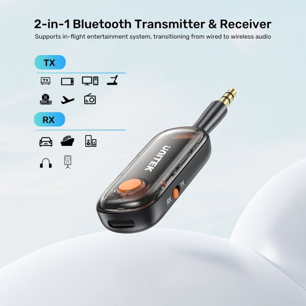 B1111A01, UNITEK, Bluetooth Adapter, 2-in-1 Bluetooth 5.3 Transmitter/Receiver, up to 10 m, latency 40ms, charge up to 10