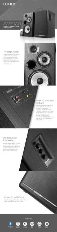 Studio Monitor Speaker Edifier R2750DB Active 2.0 System with Tri-Amp Audio Solution Bluetooth 136W black