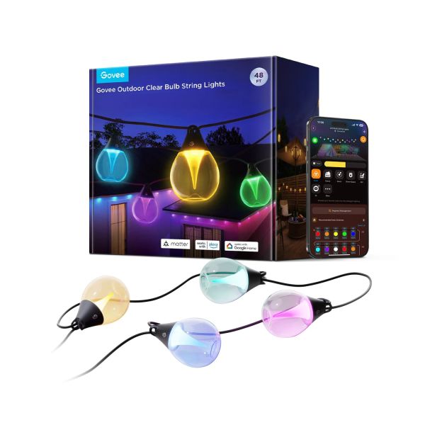 Govee H7025 Outdoor Clear Bulb String Lights, 15м, RGBIC/Warm White, WI-FI/Bluetooth, чорний