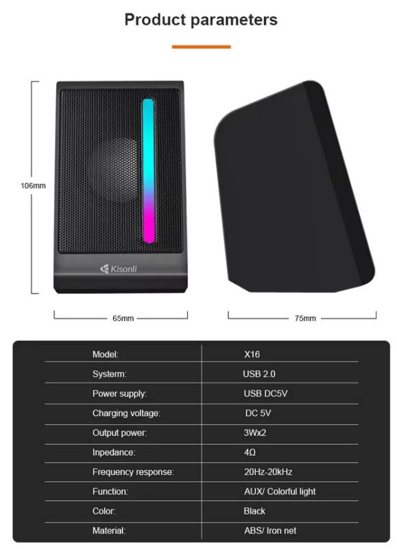Kisonli X16 Mini USB 2.0 Portable Speaker with RGB Light