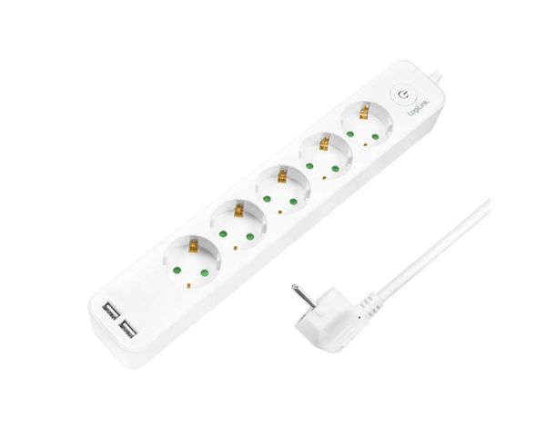 Power adapter: Logilink LPS249U Socket Outlet 5-Way + Switch + 2xUSB-A 1.5m White