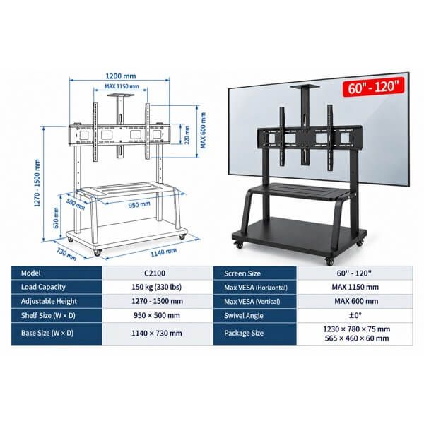 TV Mount Allscreen C2100, 40"-75", TV Mount With Roller, Black