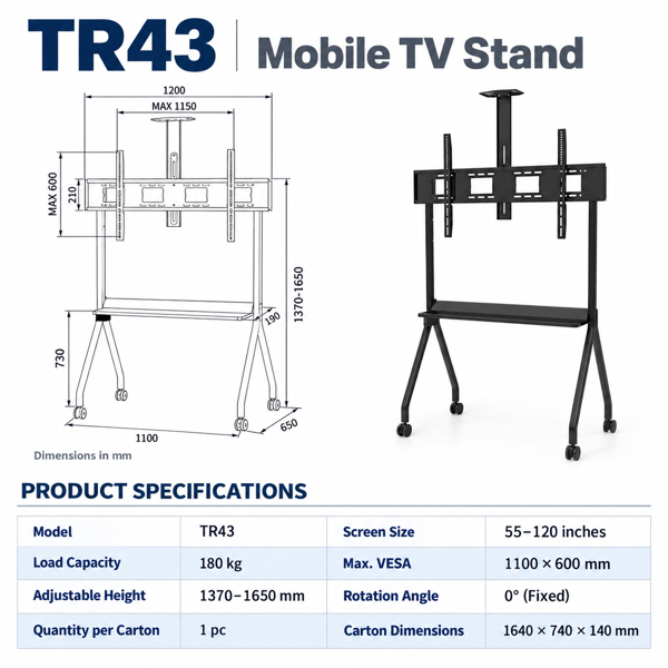 TV Mount AllScreen TR43, 55"-120", TV Mount With Roller, Black