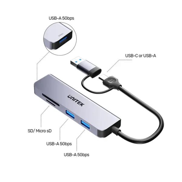 UNITEK uHUB P5+ 5-in-1 USB 5Gbps Hub with SD and Micro SD Card Reader